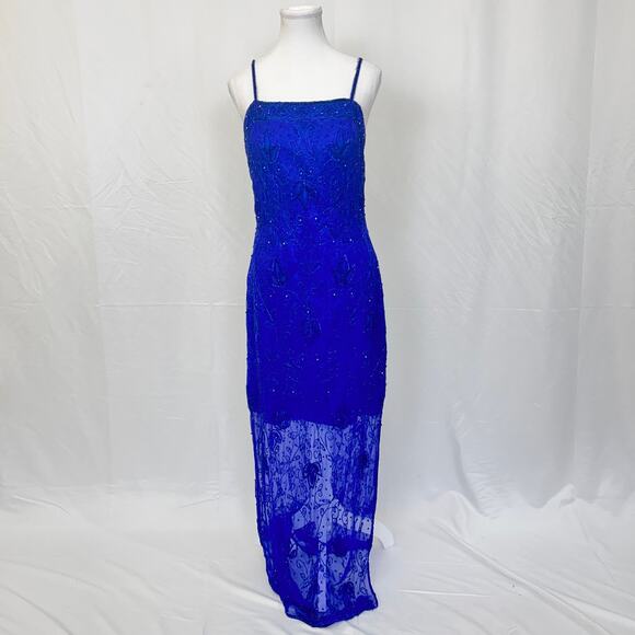 Riva Designs Royal Blue Silk Beaded Evening Gown, 1920s Gatsby Style, Size 10 - Picture 1 of 5